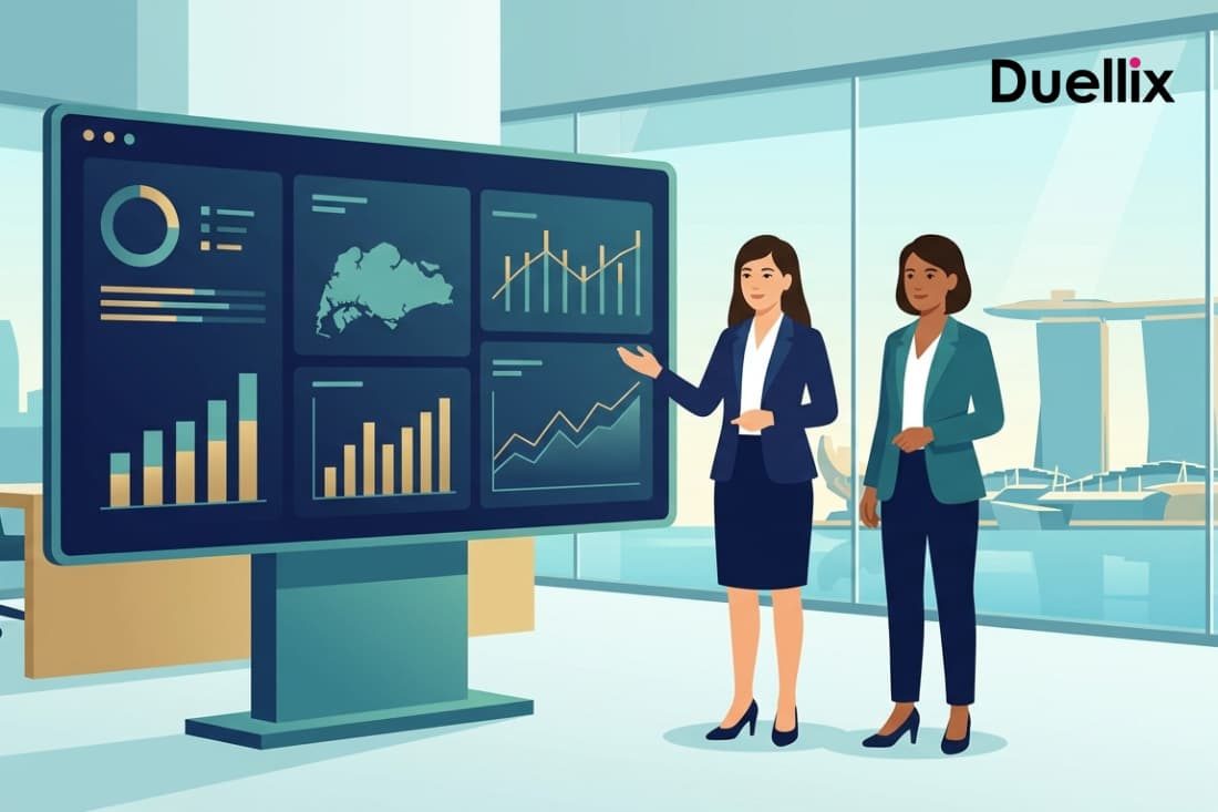 Illustration of advisors reviewing financial dashboards, representing the partner program for fractional CFOs in Singapore.