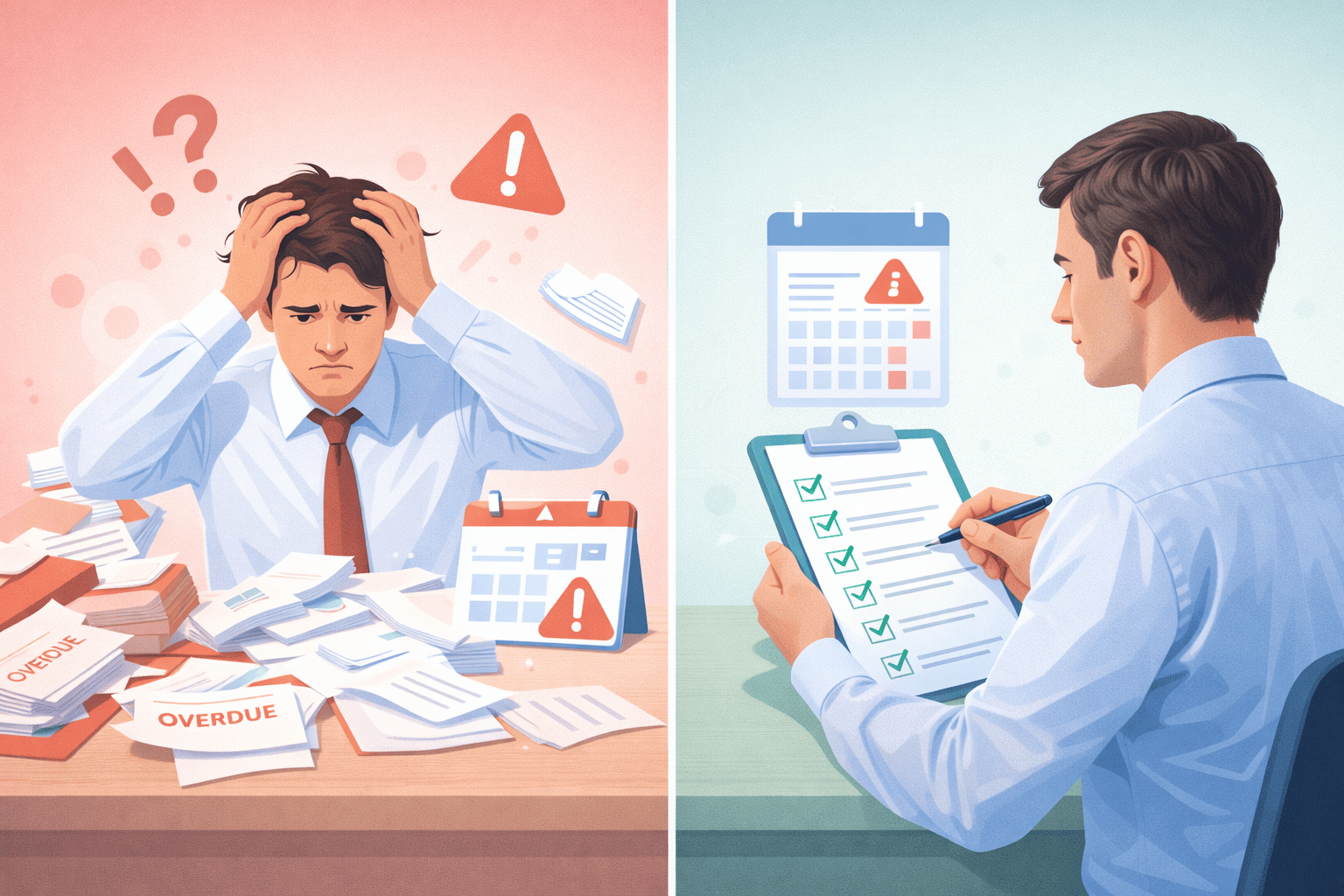 Stressed businessman with overdue papers vs organized professional, how to change accounting provider Singapore guide