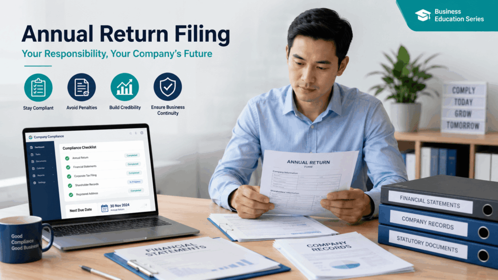 Business owner reviewing annual return filing late penalty fee checklist with compliance documents