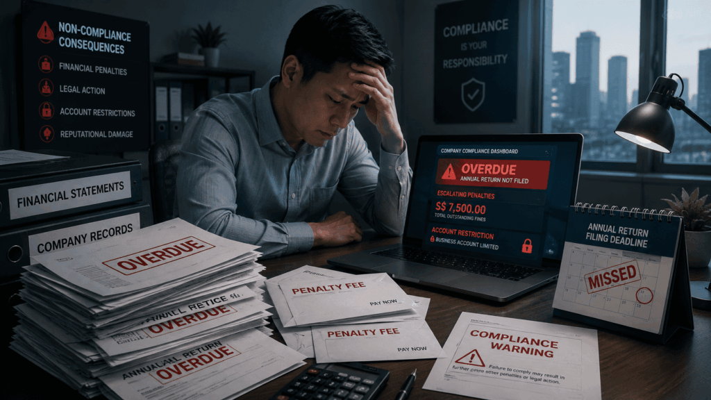 Stressed businessman, overwhelmed by annual return filing late penalty fee overdue notices on desk