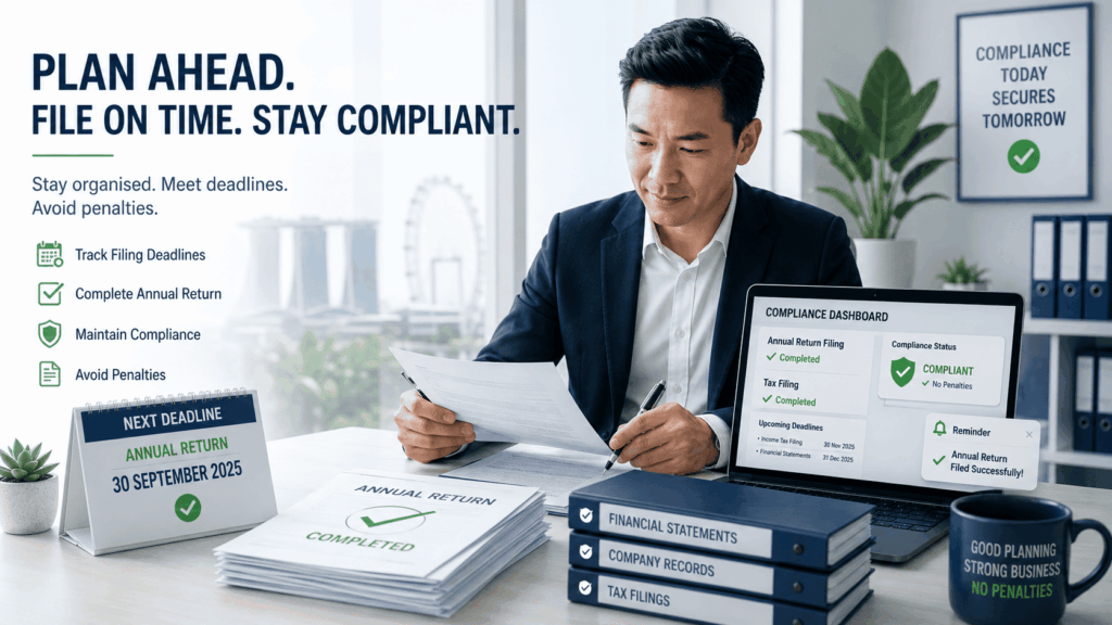 Business professional managing annual return filing late penalty fee compliance with organized records
