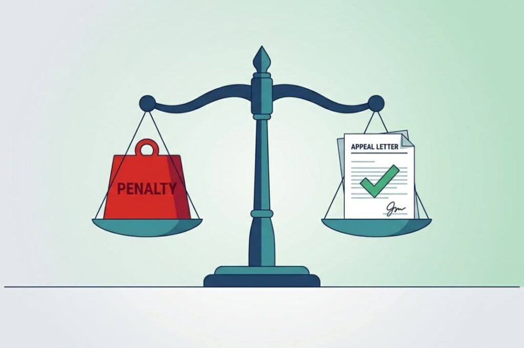 Scale balancing penalty weight against appeal letter illustrating how to contest a corporate tax late filing penalty 