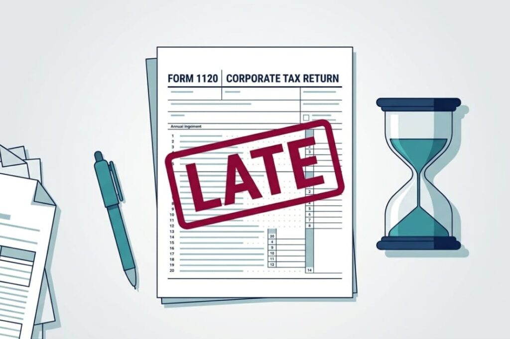 Form 1120 with hourglass illustrating deadline risk and corporate tax late filing penalty exposure 