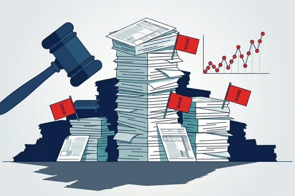 Gavel and flagged document pile warning about escalating corporate tax late filing penalty consequences 